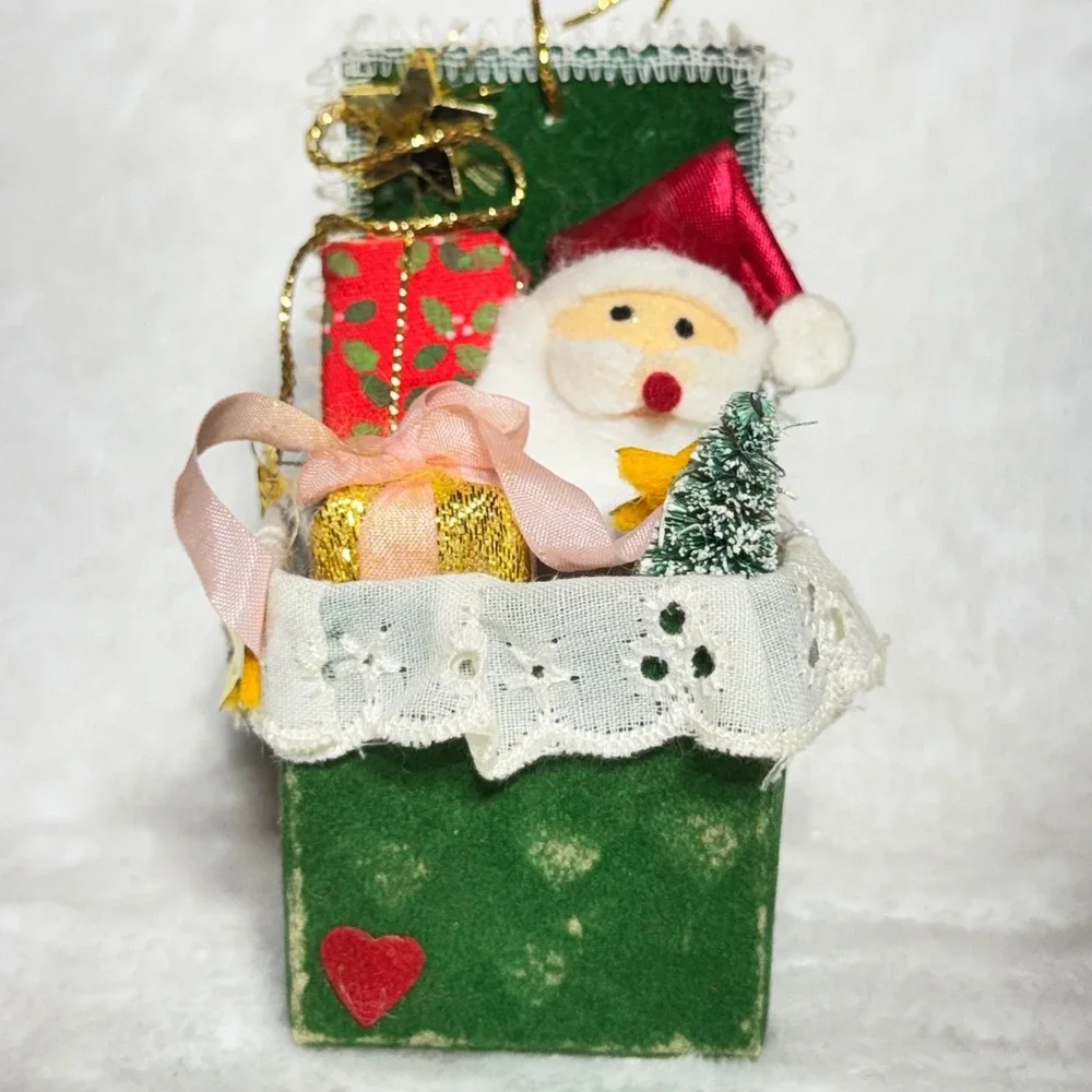 Russ Berrie Vintage Flocked Santa in Green Box Ornament Kitschy Holiday Felt